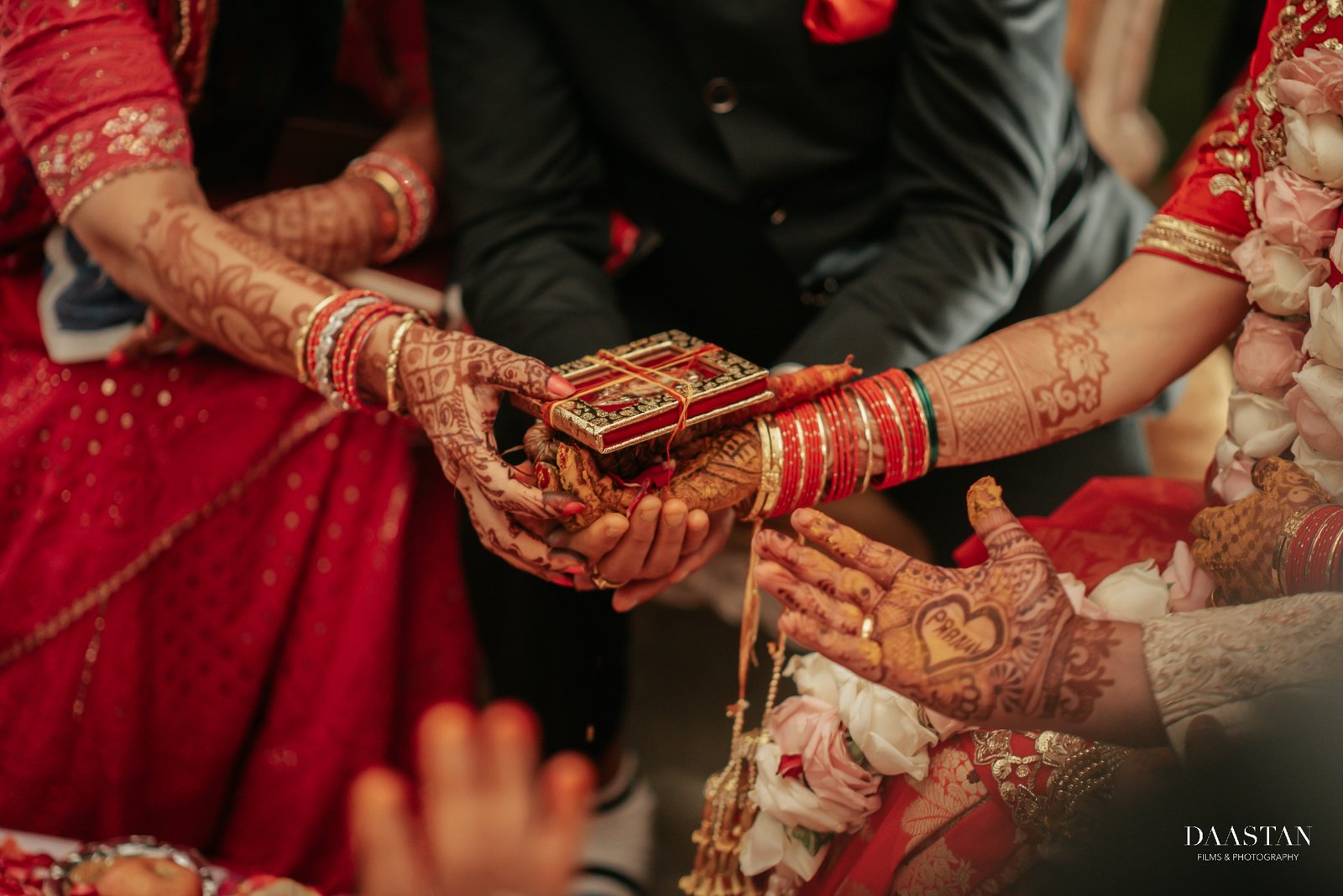 Close-up of bridal mehendi hands during wedding ceremony, detail photography India