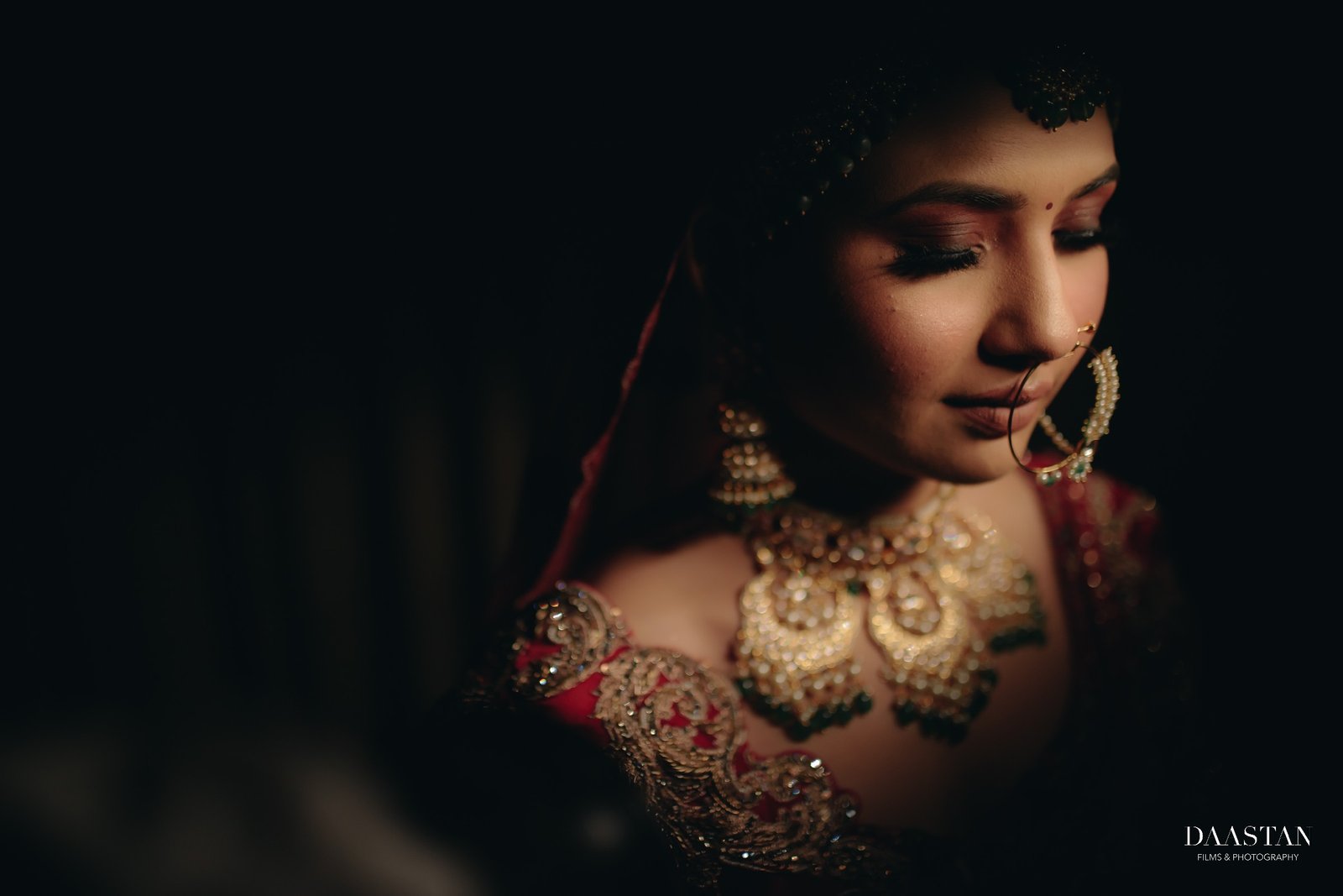 Detailed bridal portrait showcasing polki and kundan jewellery, professional wedding photography India