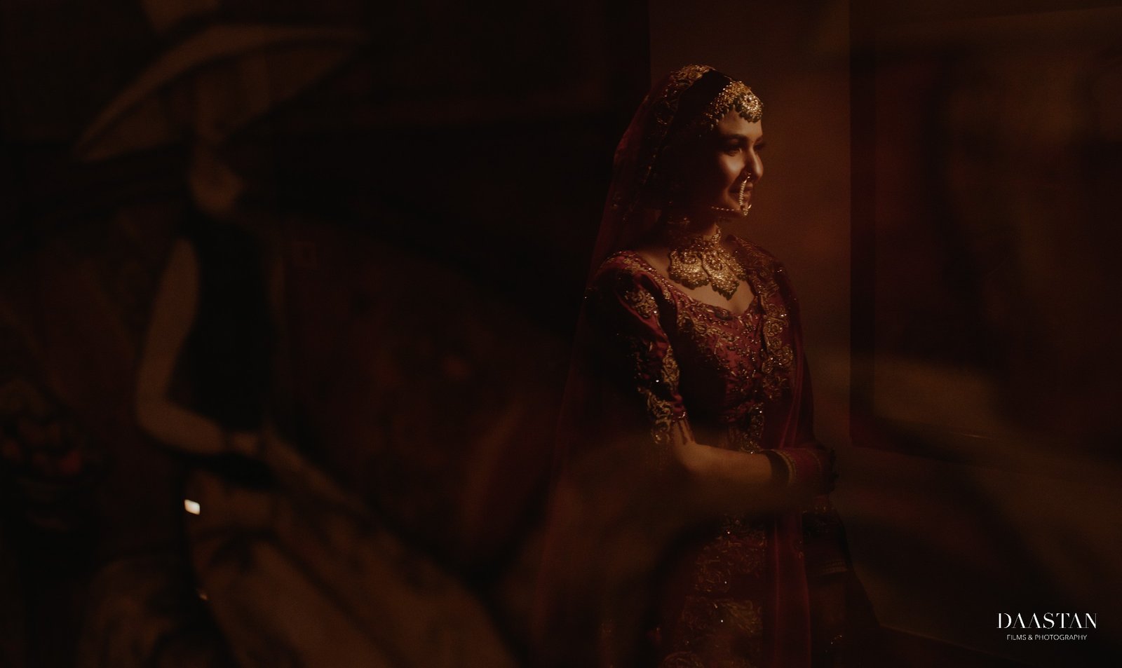 Dramatic dark artistic bridal portrait, luxury Indian wedding photography