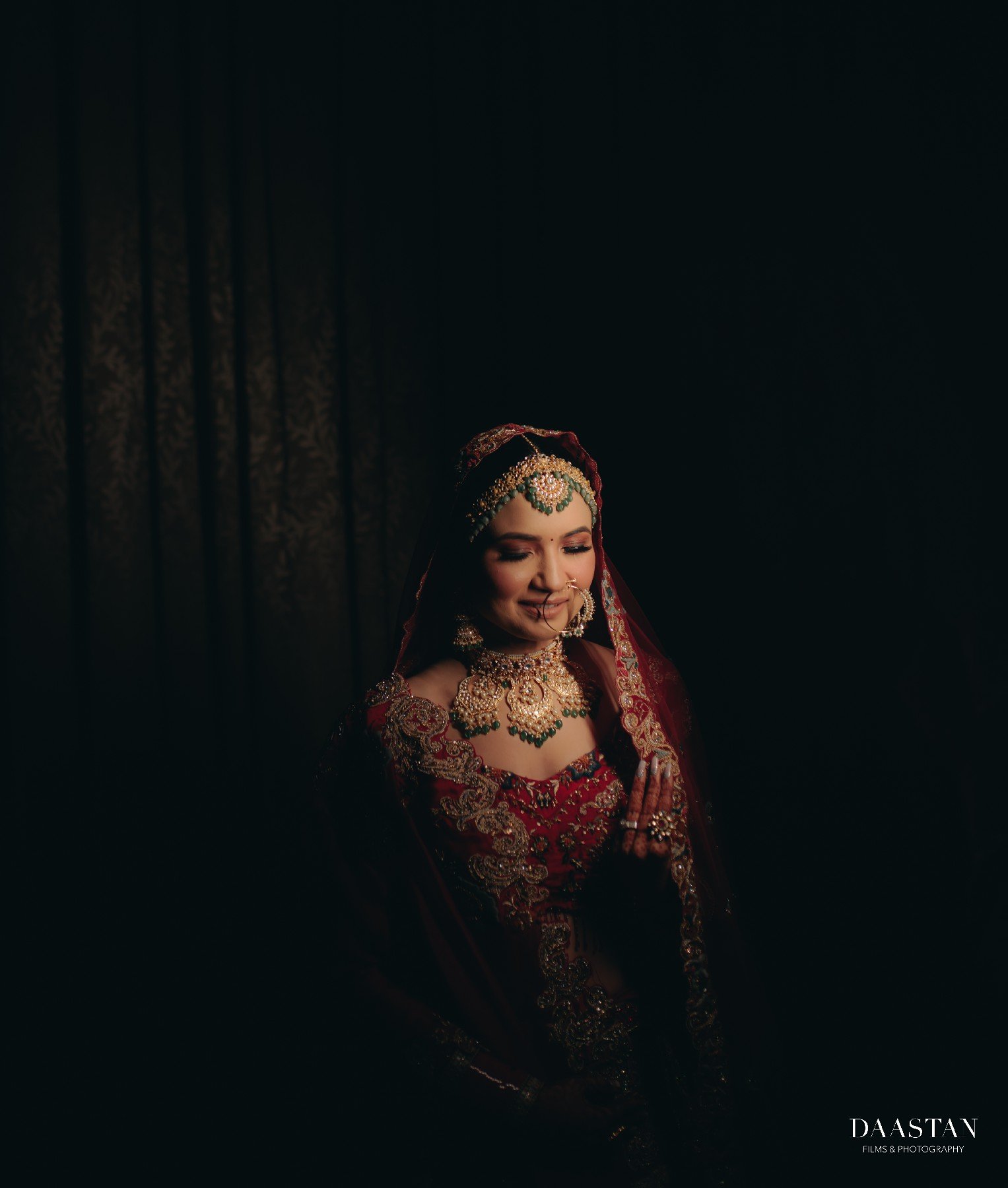 Bride in peach silk saree with jewellery, elegant bridal portrait photography India