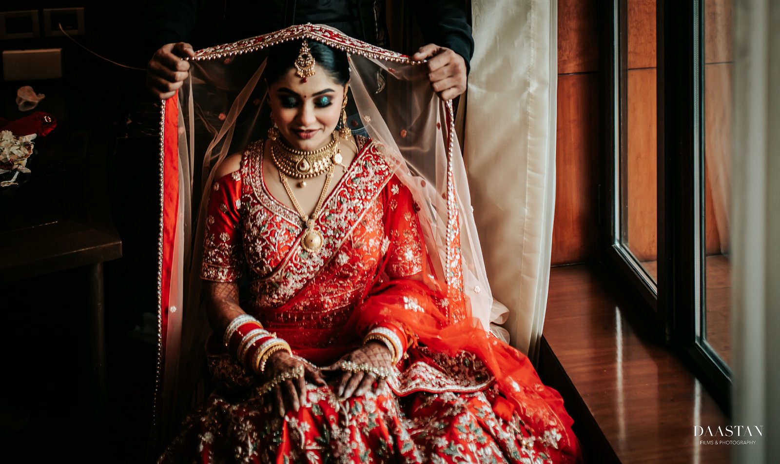 Bride Red Lehenga Window Portrait India