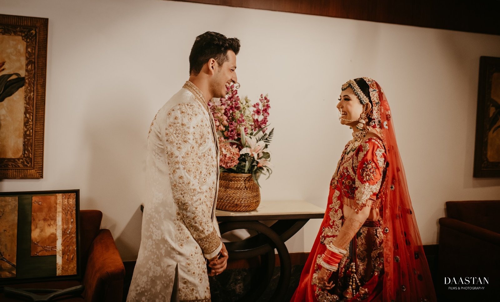 Bride and groom in hotel corridor pre-wedding portrait, professional Indian wedding production house