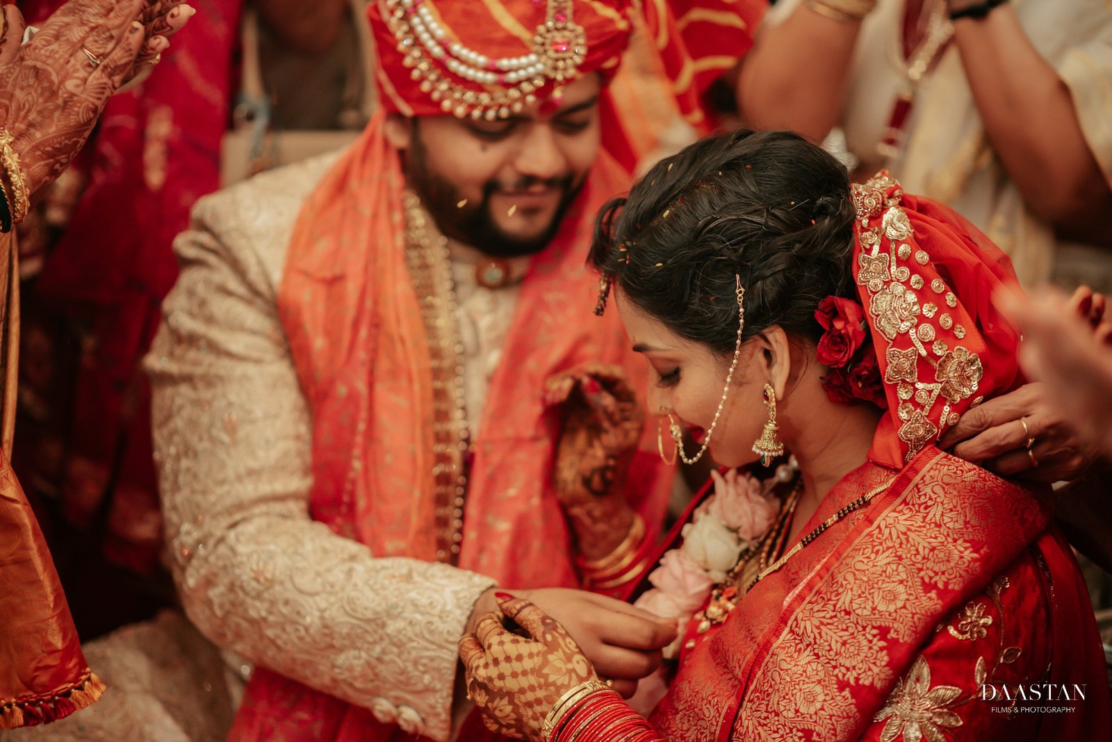 Intimate close-up of sindoor ceremony between bride and groom, Indian wedding production photography