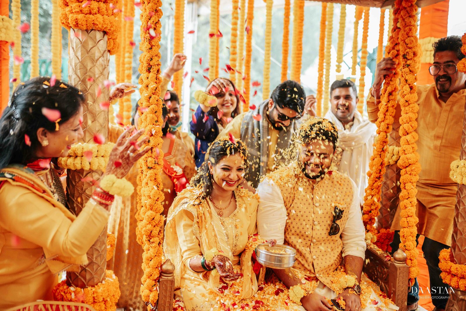 Family Haldi Ritual Outdoor Marigold India
