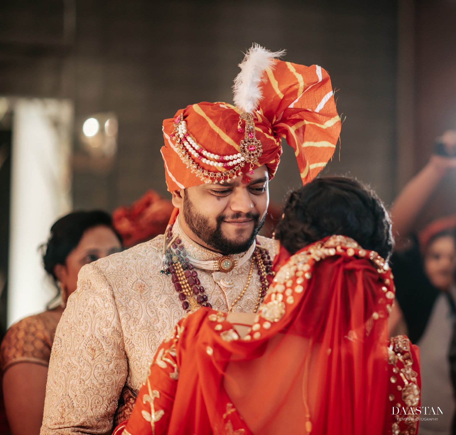Candid shot of groom in sehra during baarat procession, cinematic Indian wedding photography