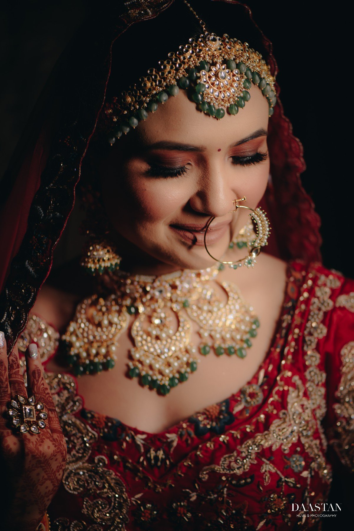 Indian bride with maang tikka and heavy bridal jewellery, close-up portrait wedding photography